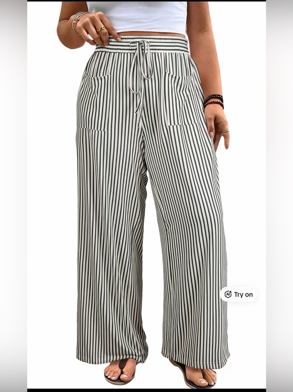 Striped Wide-Leg Pull-On Pants - Black & White